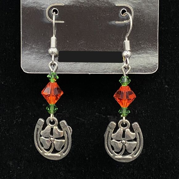 Neanie-Bot Jewelry - Handmade Horseshoe Clover with Orange & Green Crystal Earrings by Neanie-Bot